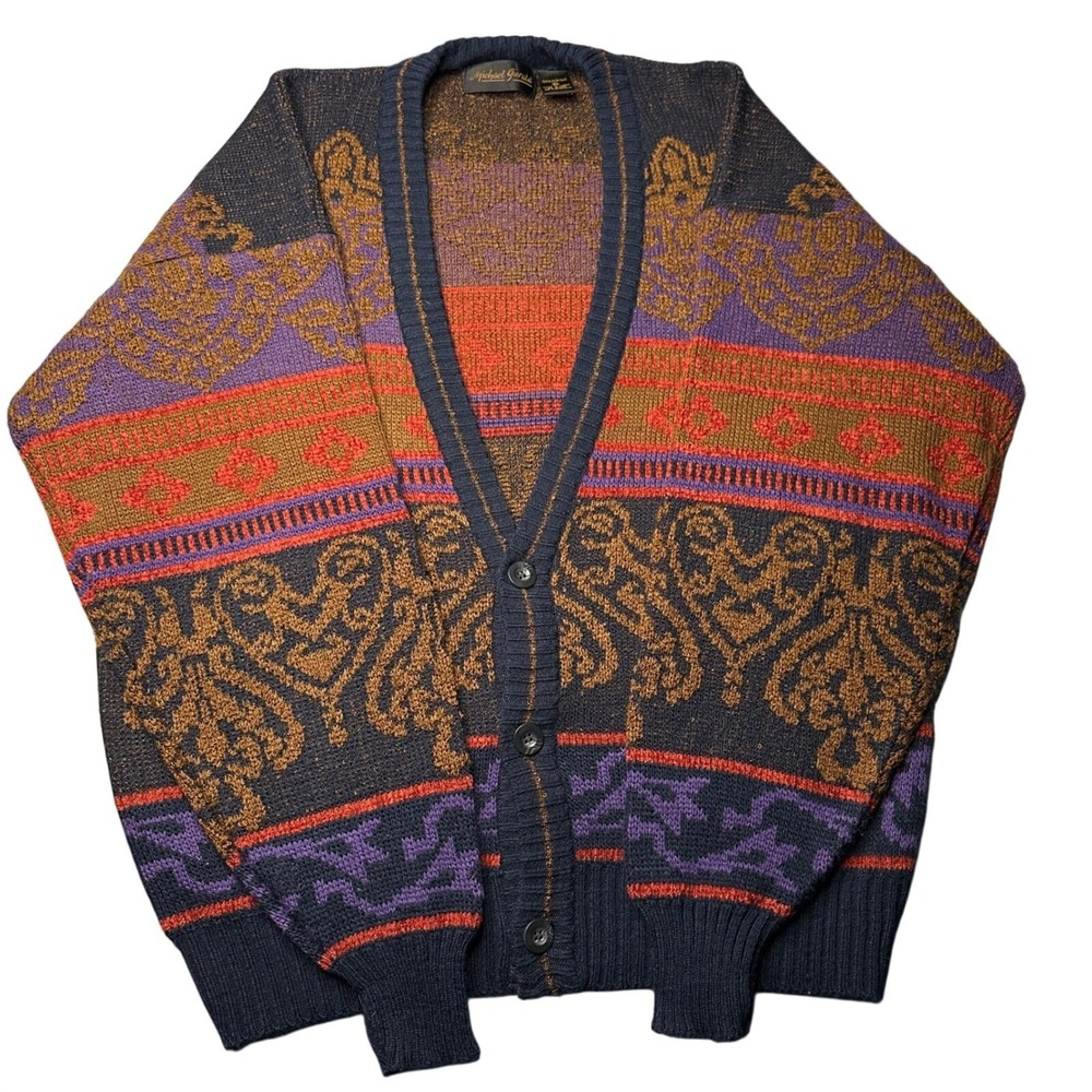 Vintage Geometric Jacquard Cardigan Sweater Navy Purple Orange‎ - Michael Gerald